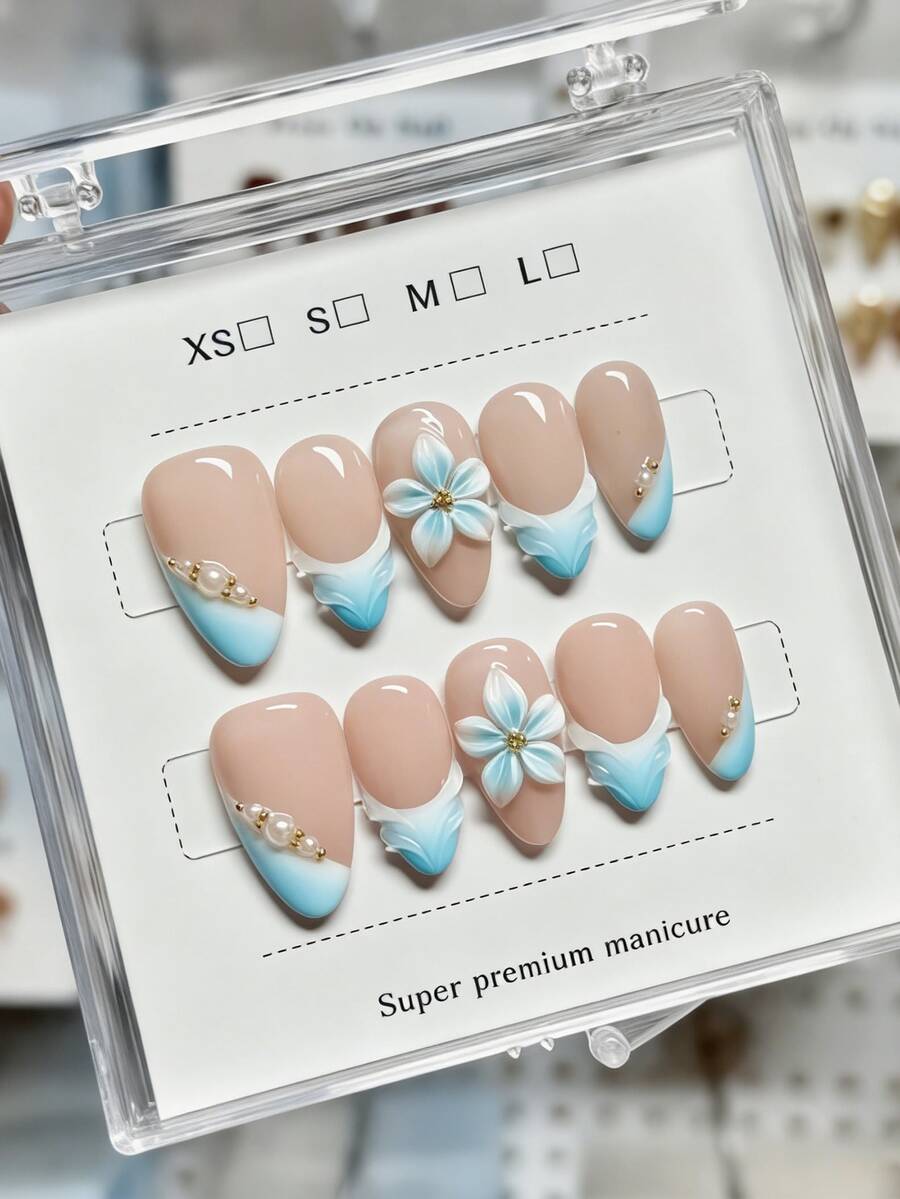 10 piezas de uñas postizas de media longitud con forma de almendra, de color azul y blanco, hechas a mano de forma pura con flores tridimensionales y patrón de conchas, francés, lindo, elegante, Y2K, destellos suaves, temperamento para mujeres y niñas, para uso en primavera, verano, otoño, invierno, días festivos y vida diaria - Azul y blanco - Ver 1