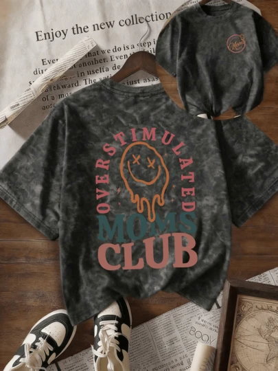 夏季新款时尚英伦沙滩元素扎染印花休闲圆领短袖T恤，百搭时尚图案设计，适合女性穿着