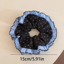 Literary Polka Dot /Blue Plaid Lace Scrunchie Hair Tie Hair Accessory - Blue - View 2