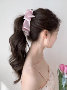 柔粉色波点缎面蝴蝶结香蕉发夹，春夏少女高马尾发饰，通勤约会氛围发夹 - 粉色 - 查看 8