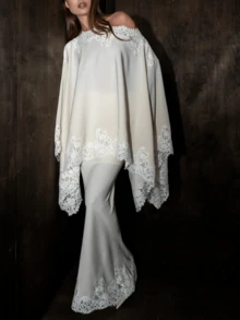 Women's Off One Shoulder Tops Elegant Solid Color Lace Trim Long Sleeve Loose Fit Satin Blouse For Casual Daily Wear - 白色 - 查看 2