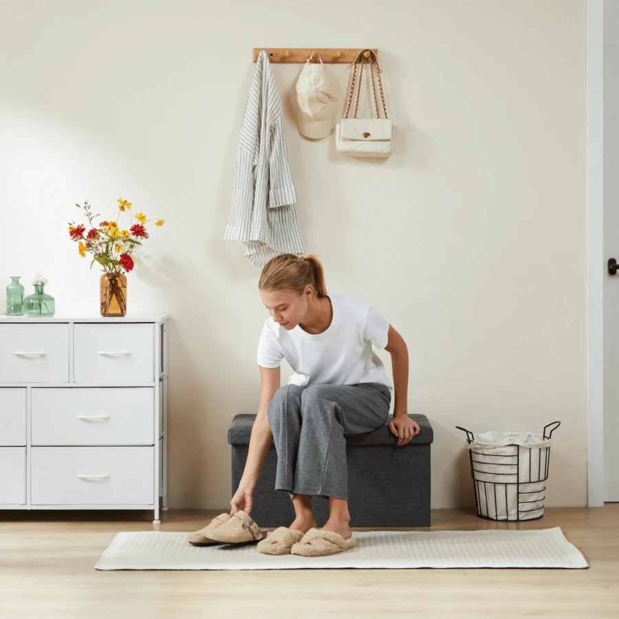 Sitzbank mit Stauraum 76cm, Truhe mit stauraum 118L Faltbar, Sitztruhe Sitzbox Aufbewahrungsbox klappbare, Bettbank Schlafzimmer, belastbar bis 300 kg, aus Leinen, Grau