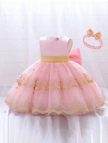 Vestido de bola elegante de cuello redondo para niñas jóvenes, con encaje bordado de tul y satén, adecuado para fiesta de cumpleaños, evento escolar, celebración de vacaciones, incluye diadema - Rosa - Ver 6