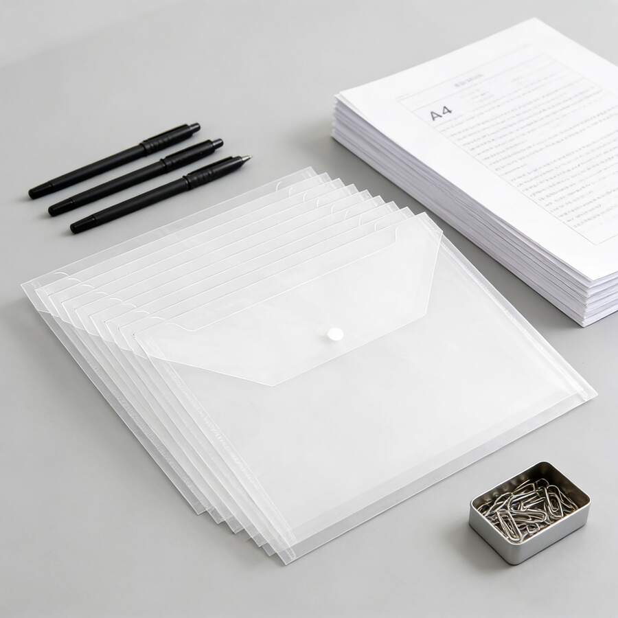 10pcs/20pcs A4 Size File Folders (With Snap Closure) - Durable PP Material Transparent Document Sleeves, Suitable For Office And Study Organization, Stationery, Document, Invoice, Exam Paper Storage
