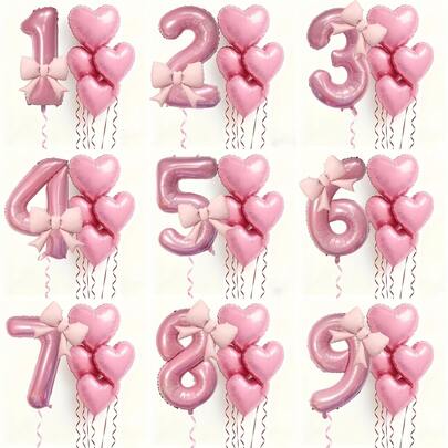 6pcs Pink Number Balloon Set With Accessories, Includes Heart And Bow Tie Decor Numbers 0-9 - Soft Tone Birthday Party Decorations, Suitable For Birthday Party, Wedding, Birthday, Valentine's Day Party Decorations - Light Pink Party Supplies Applicable For Christening, 1st/2nd/3rd/4th/5th/6th/7th/8th/9th Birthday Party, Universal For Number Balloons, Easter Balloons