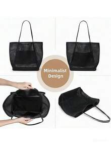 Mesh Bag, Women's Casual Foldable Shoulder Bag, Picnic Bag, Waterproof, Foldable, Essential Bag, Multifunctional Shopping Bag. - 黑色 - 查看 2