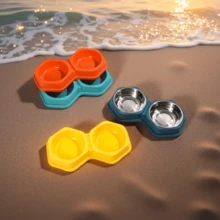 六角形双层宠物碗 – 二合一不锈钢和塑料食物水碗，猫狗宠物喂食套装批发 - 300ml - 查看 1