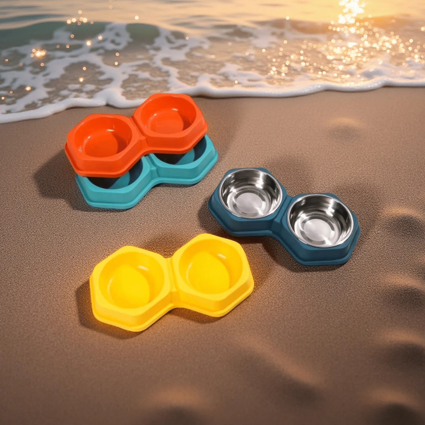 六角形双层宠物碗 – 二合一不锈钢和塑料食物水碗，猫狗宠物喂食套装批发 - 300ml - 查看 1