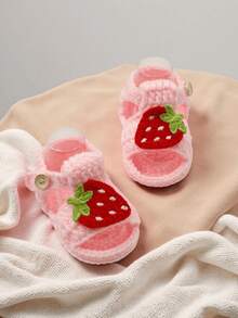1 Pair Handmade Crochet Infant Sandals, White With Strawberry Pattern Decor, Soft Knitted Booties With Button - Baby Pink - View 4