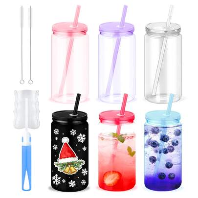 6pcs 16oz Colorful Plastic Water Bottles With Lids And Straws - Portable, Easy To Clean, Ideal For Daily Use, Office, Camping, Picnics, Parties, Weddings, Gatherings, Christmas, Valentine's - DIY Set With Straw Brush & Cup Brush
