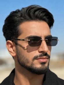1 Pair Men's Fashionable Black Small Frame Rimless Glasses, Very Y2K, Elegant, Versatile, Suitable For Beach, Driving, Travel, Summer - Multicolor - View 1