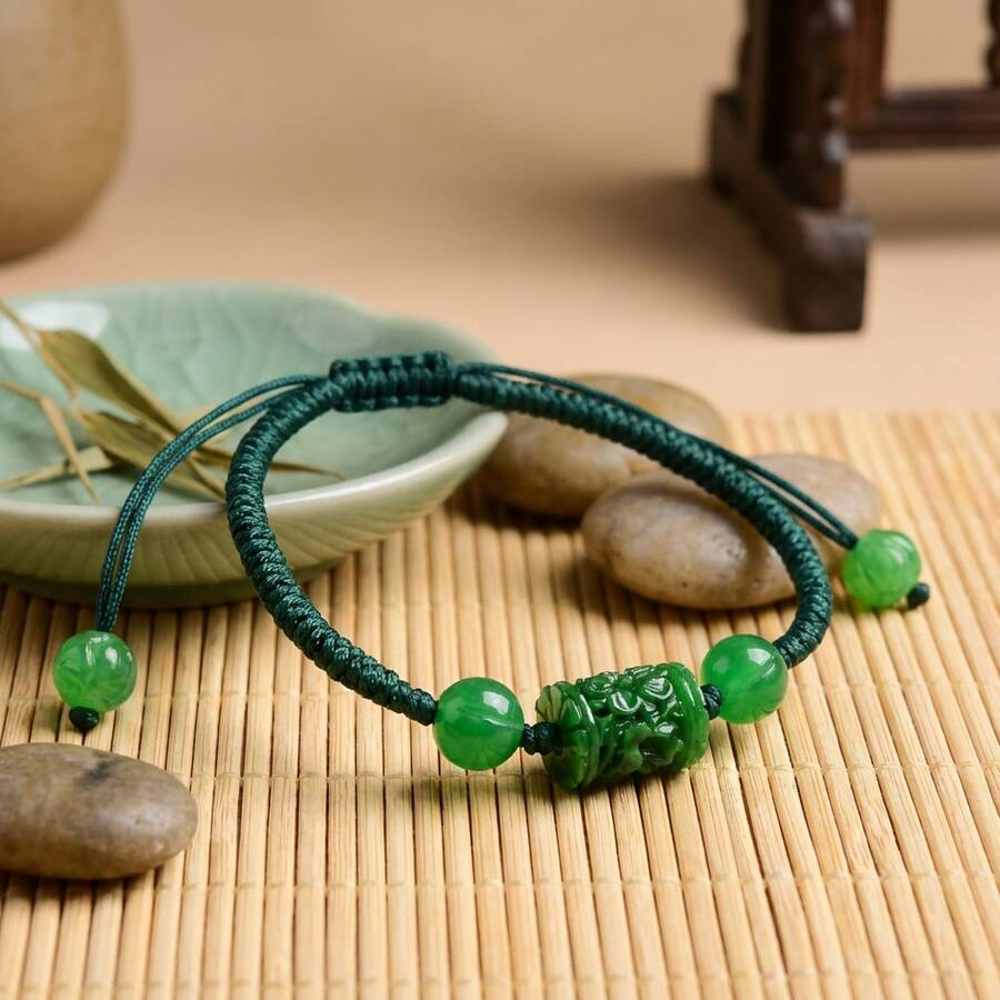 天然绿色宝石编织手链，手工波西米亚风可调节貔貅手链，招财进宝，守护灵性，提升活力，适合日常佩戴，是情人节、圣帕特里克节、父亲节、母亲节送给家人和朋友的完美礼物。