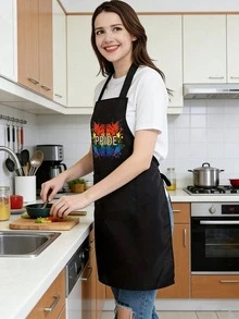 彩虹骄傲围裙，带口袋，时尚厨房服 - 黑色 - 查看 4
