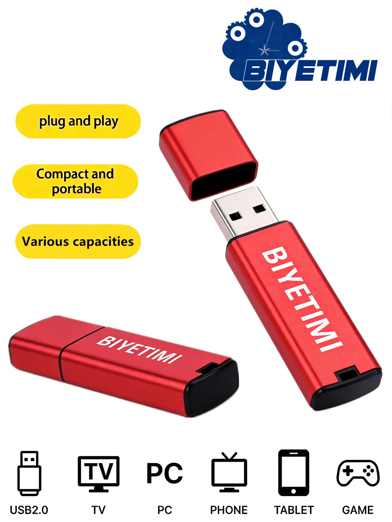 Biyetimi 64GB/128GB/32GB USB Flash Drive, High Speed Memory Stick, Black/Color/Transparent - Red - View 1