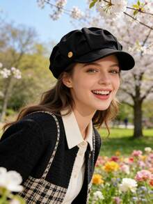 1pc Women's Adjustable Soft Fabric Elegant French Pleated Beret Hat, Newsboy Cap Style With Metal Buckle Decor, Versatile Accessory For Daily Wear, Spring And Autumn - Style 1 - View 3