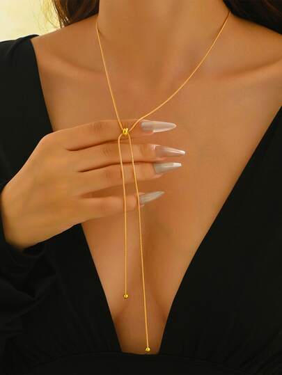 1 pieza Collar/Tobillera de cadena de hueso de serpiente de metal dorado/plateado, colgante de cuentas redondas con borla larga, elegante collar de novia, regalo de boda refinado y de alta gama, accesorio de vestido, adecuado para iglesia, ceremonia de boda, gala formal, fiesta, atuendo de dama de honor