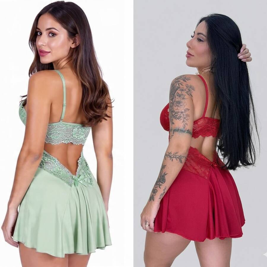 Set Of 2 Women's Sensual Ballerina Sexy Nightgowns With Lace, Green And Red Sleepwear - 薄荷綠 - 查看 1