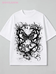 Women's 100% Cotton "Butterfly Grunge" Retro Graphic Print T-Shirt  Y2K Goth Short Sleeve Casual Tee - 白色 - 查看 2
