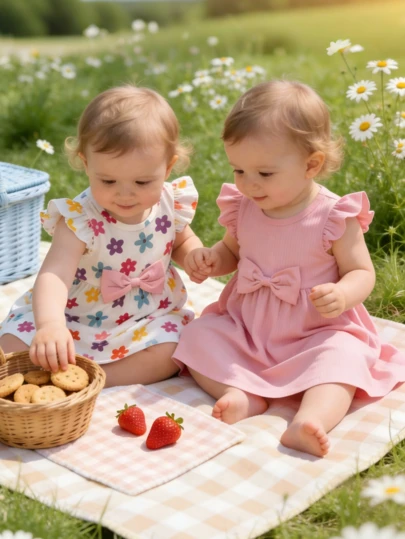 2件套女童罗纹荷叶袖碎花纯粉色蝴蝶结装饰可爱派对连衣裙，夏季