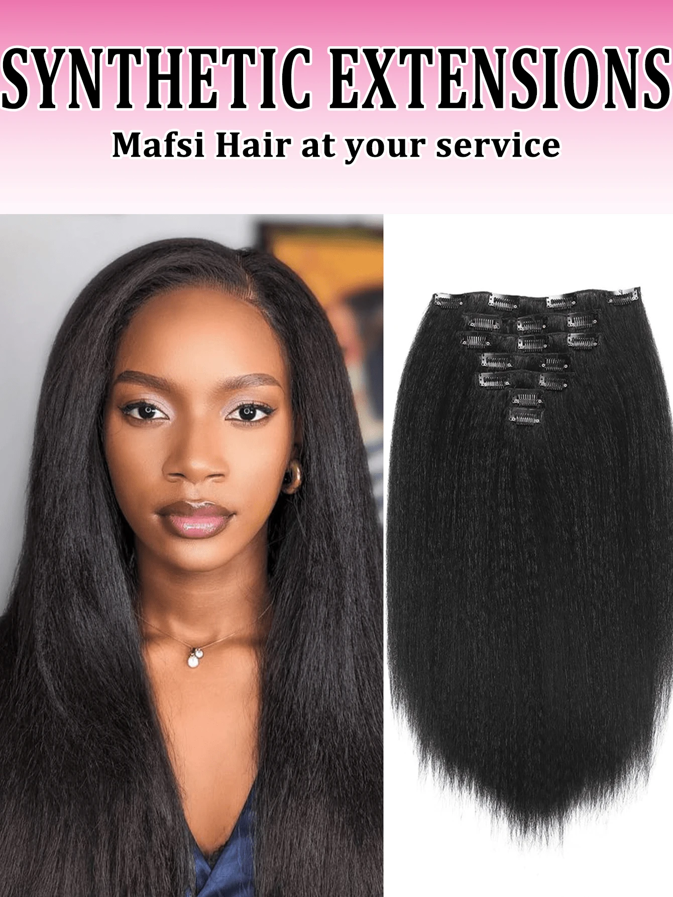 Extensiones de cabello sintético con clip de textura rizada y recta para toda la cabeza, extensiones con clip rectas tipo yaki de 14/18/22/26 pulgadas, set de 7 piezas, color negro natural