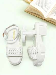 1 Pair White Fashion Sandals, Summer Girls Sandals, Fresh And Versatile, White Woven Hollow-Out Thick Sole Elastic Strap Design, Suitable For Banquets, Gatherings, Parties, Weddings, Vacations - Beige - View 1