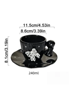一套3D蝴蝶黑色波点陶瓷杯碟，高端小众波点蝴蝶咖啡杯，小众甜点盘，早餐牛奶杯，咖啡杯碟套装，送友礼物，适合居家、餐厅、咖啡馆、甜品店、礼品、聚会、派对等场合 - 黑色 - 查看 2
