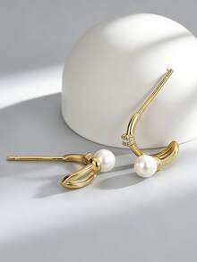 Charm-In Curved Hoop Pearl CZ 18K Gold Plated Earrings | Dainty Elegant Fashion Earrings For Women | Perfect For Wedding & Stacking Wear - Gold - View 4