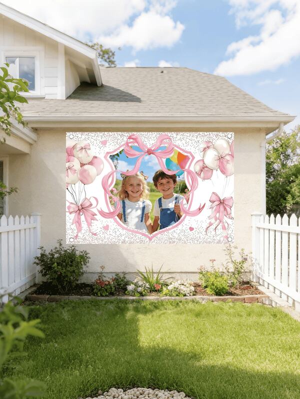 Banner de balão com laço para fotos personalizável (1 unidade). Banner de vinil versátil, ideal para festas de aniversário, presentes de aniversário, presentes de Dia dos Namorados, Natal, Dia de Ação de Graças, aniversários, decoração de casamentos, eventos internos e externos, decoração de casa e adereços para estúdio fotográfico. Inclui cantos pré-perfurados e fita branca. Disponível em 3 tamanhos. Design plano 2D.