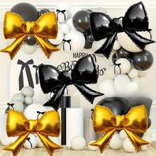 Conjunto de 6 balões metalizados com laços em preto e dourado, incluindo 6 balões. Ideal para aniversários, festas, comemorações, decoração de feriados, cenários, eventos ao ar livre, criação de atmosfera e adereços para fotografia. - Ver 4