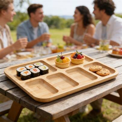 Khay phục vụ cắm trại ngoài trời, đĩa ăn nhẹ bằng gỗ tre – đĩa trái cây hình chữ nhật chia ngăn, đĩa tráng miệng dã ngoại di động cho bãi biển, sân sau, phòng khách, nhà bếp, dã ngoại bãi biển, 1/2 chiếc