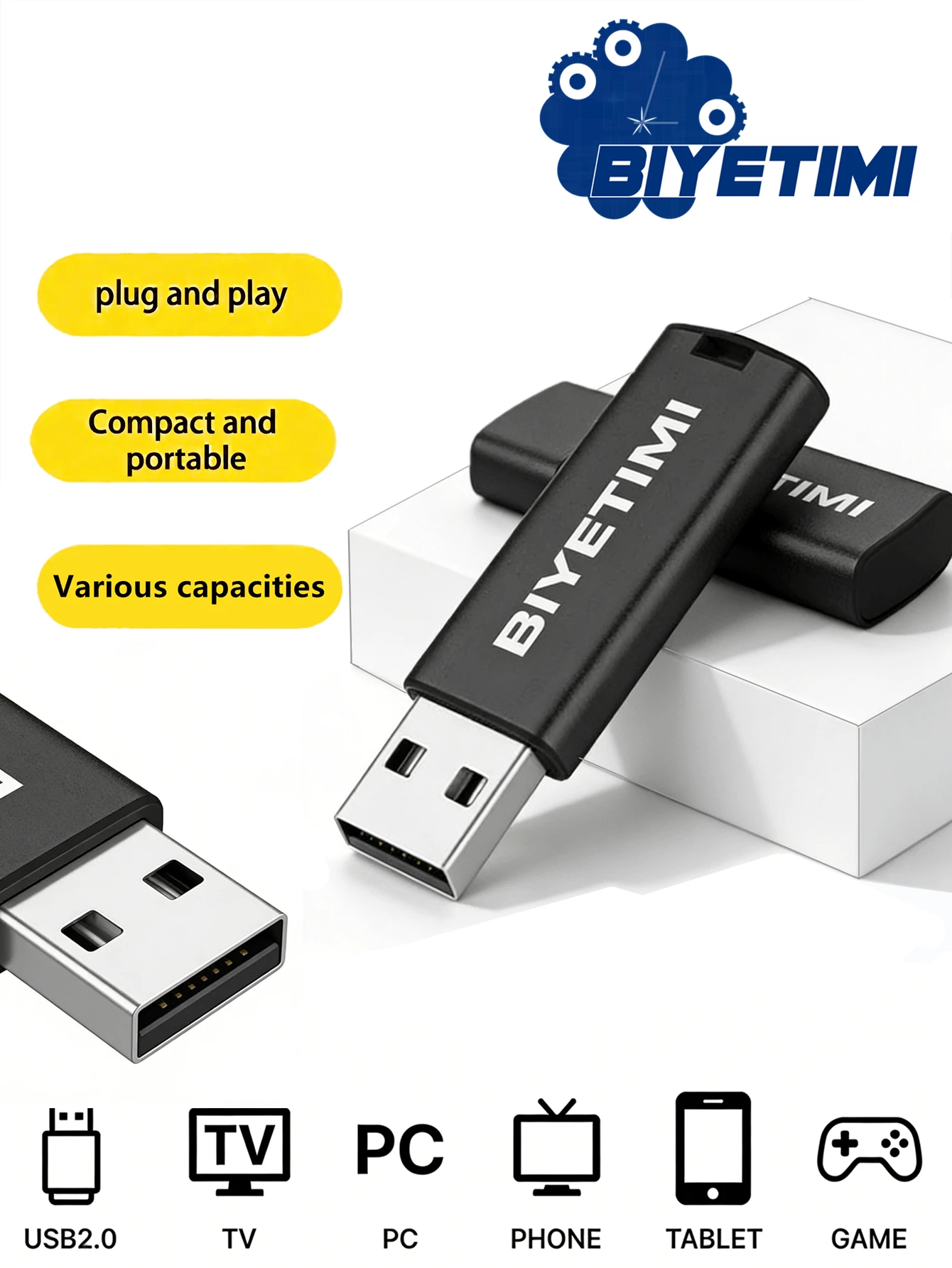 Biyetimi 64GB/128GB/32GB USB闪存盘，高速记忆棒，黑色/彩色/透明 - 黑色 - 查看 1