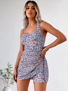 Women Boho Floral Print Halter Short Swim Dress Sleeveless Knitted High Stretch Ruffle Skirt Bottom - 彩色 - 查看 1