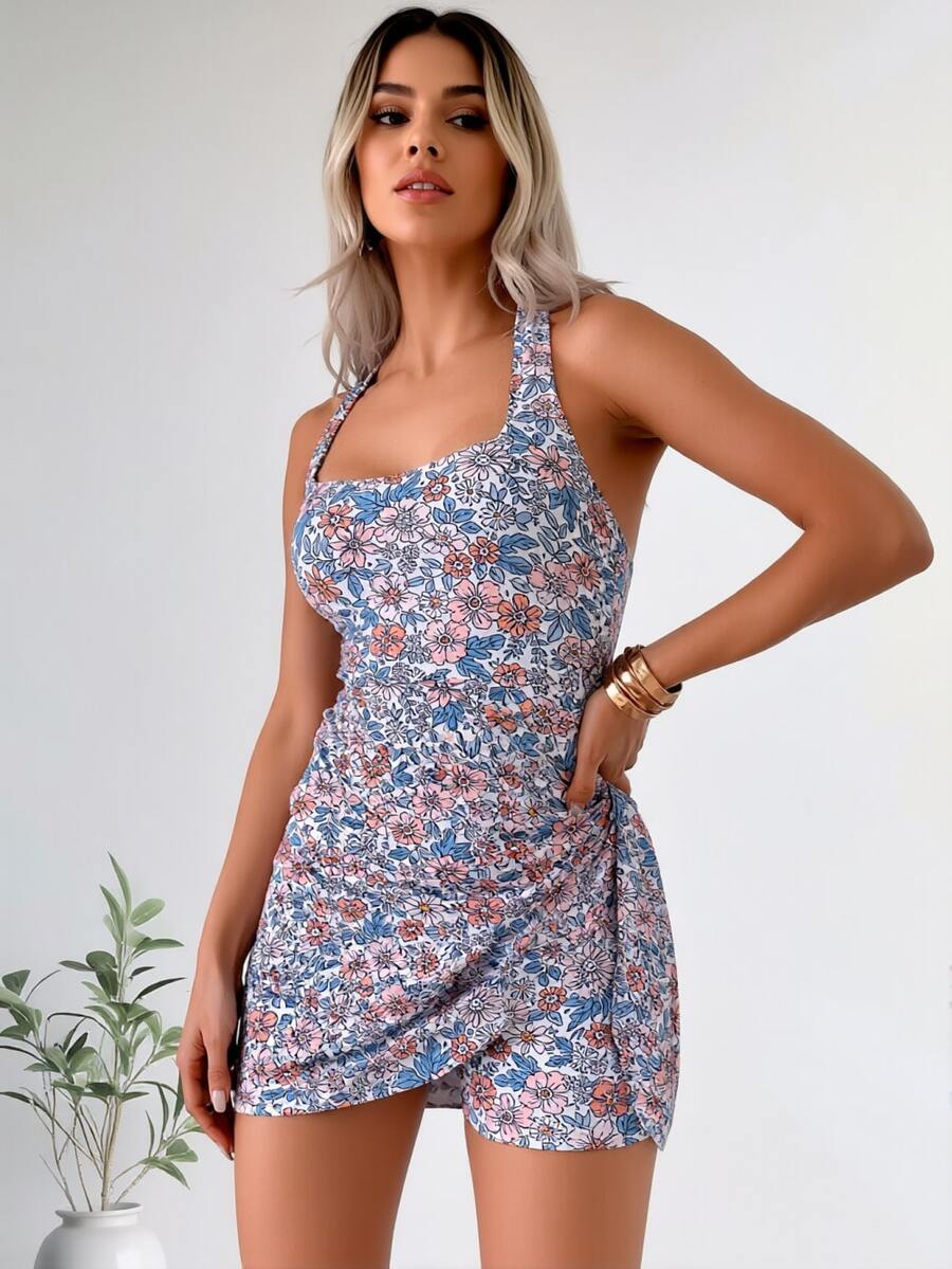 Women Boho Floral Print Halter Short Swim Dress Sleeveless Knitted High Stretch Ruffle Skirt Bottom - 彩色 - 查看 1