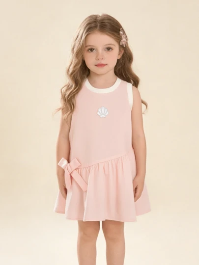 Balabala 2026 女童柔软面料贝壳蝴蝶结装饰可爱无袖连衣裙