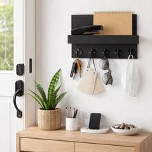 Wall Key Holder With Shelf - Rustic Wooden Mail Organizer With 5 Hooks For Entryway Storage Modern Farmhouse Home Decor Living Room Apartment Essentials - 1 Pack - View 2