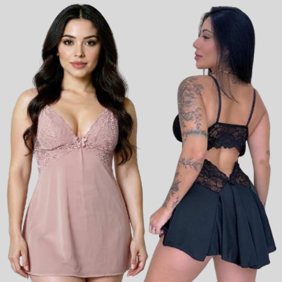 Set Of 2 Women's Sensual Ballerina Sexy Nightgowns With Lace, Romantic Sleepwear, Black - 乾枯玫瑰色 - 查看 1