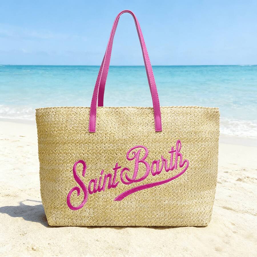 MC2 St. Barts – St. Barts Embroidered Straw Handbag, Tote Bag With Leather Handles – Stylish Beach Bag For Women (48*28*16cm) - Màu Hoa hồng đỏ - Xem 1