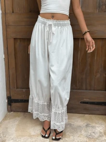 Women Vacation Lace Trim Wide Leg Cropped Pants Elastic Drawstring Waist Ruffle Hem Pants - White - View 3
