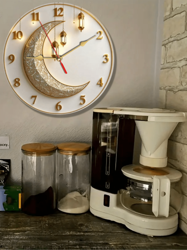 Đèn trăng lưỡi liềm 10-12 inch, đồng hồ treo tường bằng gỗ, máy thạch anh hoạt động êm ái, thích hợp trang trí nhà cửa theo phong cách tâm linh, làm quà tặng trong các dịp lễ hội.