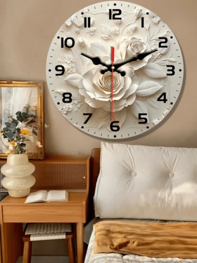 [Chế tác tinh xảo] Đồng hồ treo tường im lặng trang nhã với thiết kế hoa hồng trắng và bướm - Gỗ veneer, hình tròn và phẳng - Lý tưởng cho phòng khách, phòng ngủ, nhà bếp - Trang trí nhà cửa và văn phòng sang trọng, hoàn hảo cho các bữa tiệc ngoài trời và quà tặng ngày lễ - Sử dụng pin AA (Không bao gồm pin)