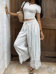 Women Vacation Lace Trim Wide Leg Cropped Pants Elastic Drawstring Waist Ruffle Hem Pants - White - View 6