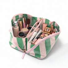 Personalized Striped Colorblock Cosmetic Bag, Pillow Shape Makeup Organizer With Zipper, Portable Travel Toiletry Bag, Open Flat Toiletry Bag, Gift - Multicolor - View 5