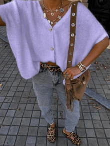 Plus Size Women Casual Drop Shoulder Cardigan Sweater, Suitable For Commuting, School And Vacation, Spring/Summer - Light Purple - View 6