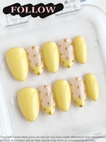 10片手工亚克力美甲贴片，短款美甲贴片，杏仁形美甲，黄色美甲，甜美柔和，法式美甲，波点美甲，闪粉美甲，可爱美甲，价格实惠，美甲用品，可重复使用美甲套装，含美甲工具，适合日常通勤、派对和办公场合送礼 - 黃色 - 查看 2