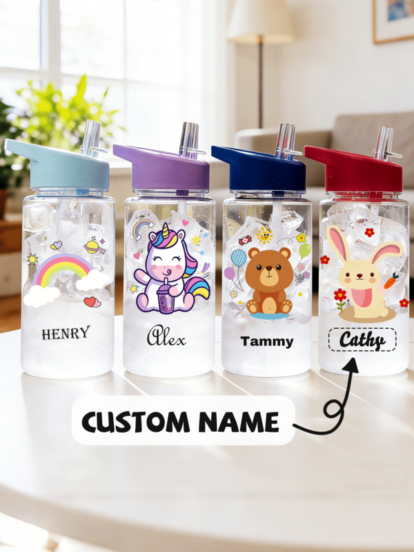 Customizable Name, 500ml Children's Water Bottle With Cute Straw Cup, Best Gift For Girls And Boys For School Opening/Graduation, Outdoor Sports Water Bottle, Campus Student Cartoon Cup
