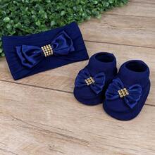 Baby Slippers And Headband Set For Newborns With Rhinestones And Assorted Bows - Navy Blue - View 2