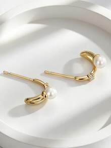 Charm-In Curved Hoop Pearl CZ 18K Gold Plated Earrings | Dainty Elegant Fashion Earrings For Women | Perfect For Wedding & Stacking Wear - Gold - View 1