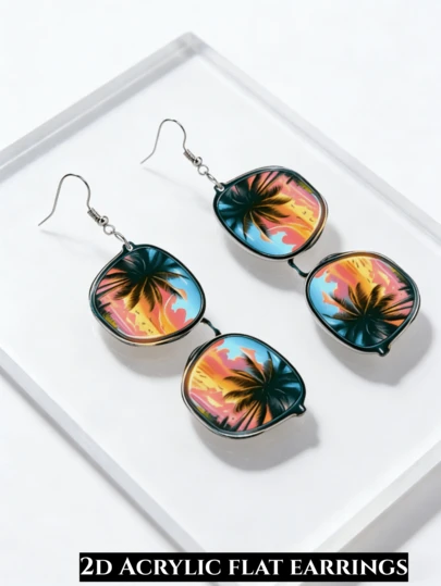 Pendientes de moda con gafas de estilo hawaiano 2D, con elemento de árbol de coco, pendientes de mujer de estilo veraniego, joyería de resort de playa, adecuada para uso diario y casual, para todas las estaciones