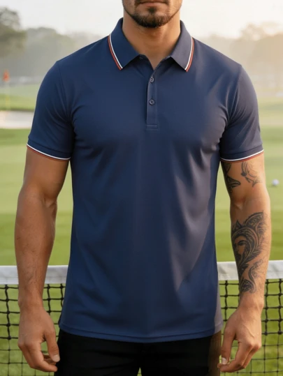 Áo Polo phối viền tương phản màu xanh navy: Phối màu đỏ, xanh dương, trắng, chất liệu thoáng khí, phù hợp cho đi làm và các hoạt động thể thao nhẹ.