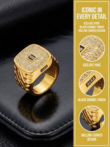 Mens Iced Out Signet Ring 14K Gold Plated Cushion Shape Ring With Letter Detail Statement Jewelry - Nhiều màu - Xem 8